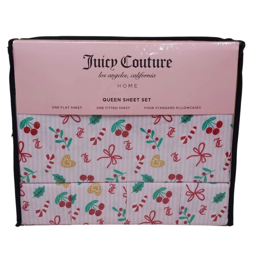 Juicy Couture Queen Sheet Set Christmas‎ Candy Cane & Cherry Pattern NWT